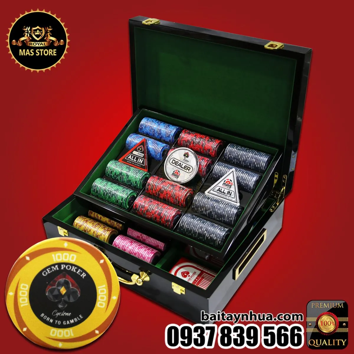 500 Chips Sứ CERAMIC Cao Cấp - Vali Gỗ GEM CYCLONE