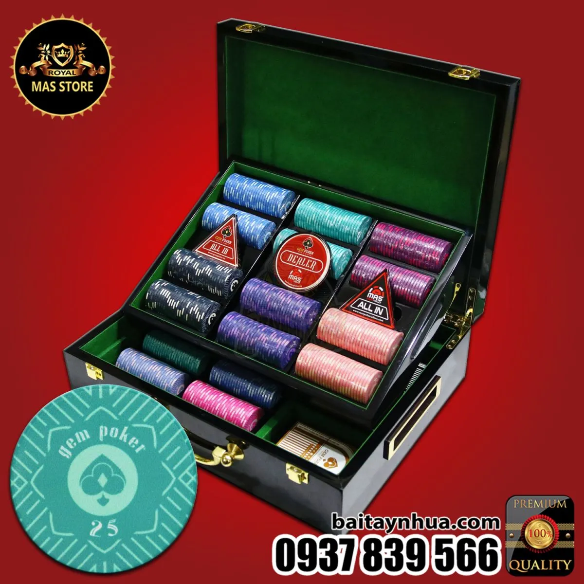 500 Chips Sứ CERAMIC Cao Cấp - Vali Gỗ GEM EDEN