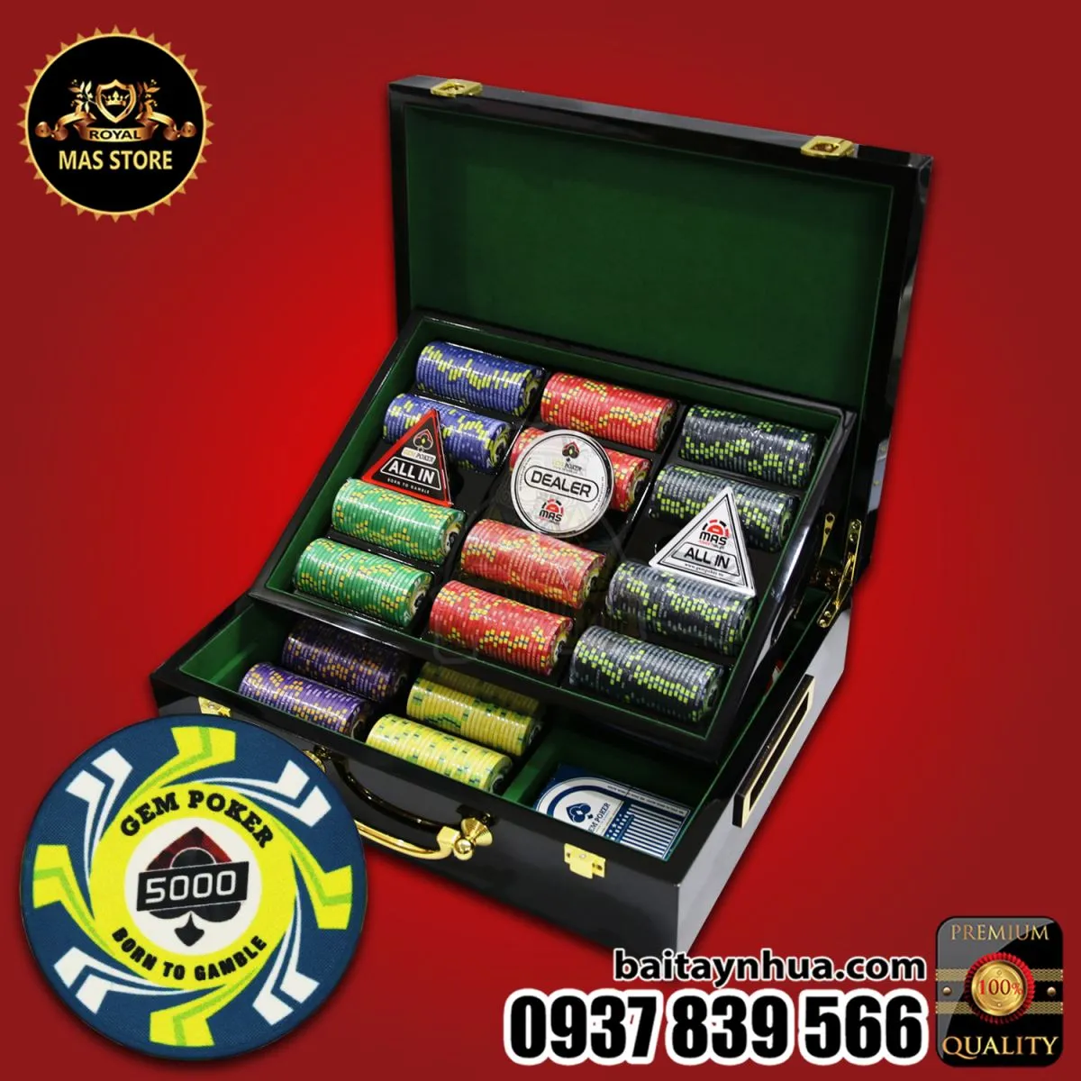 500 Chips Sứ CERAMIC Cao Cấp - Vali Gỗ GEM TYPHOON